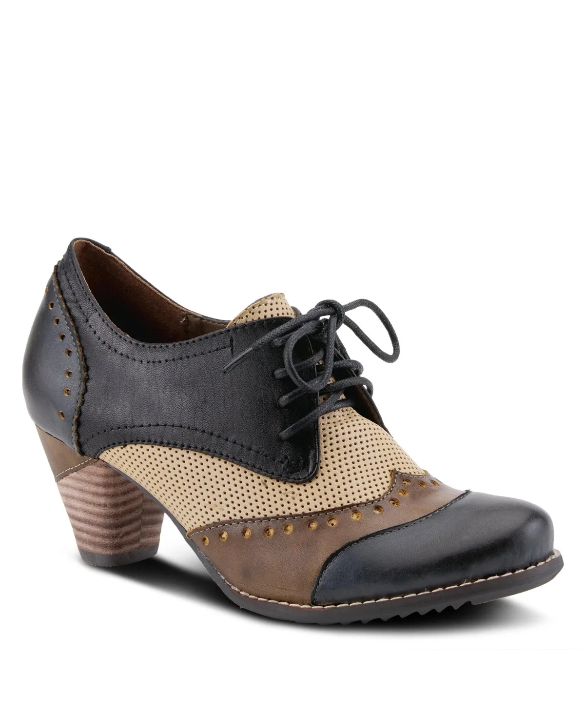 Bardot Hand-Painted Leather Oxford Shoes with Color-Block Design, Perforated Detailing, Stacked Heel, and Lace-Up Derby Style by L'artiste