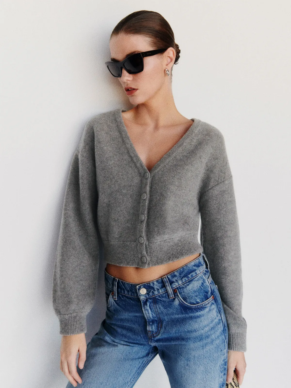 Sloane Regenerative Wool Cropped V-Neck Cardigan Mid by Reformation
