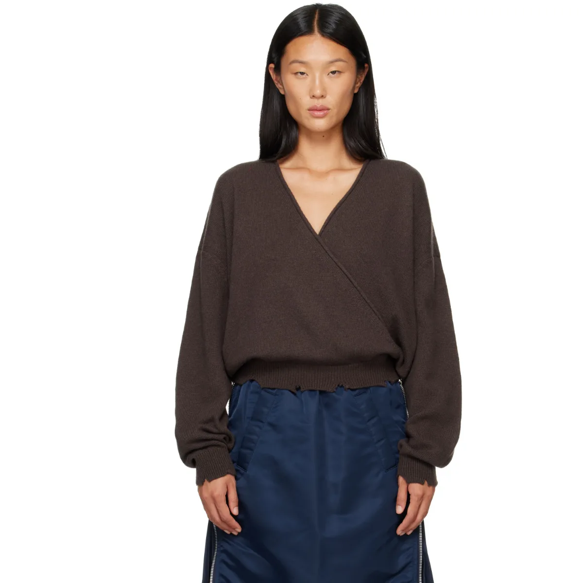 Wool Criss Cross Wrap Knit Sweater by OPEN YY