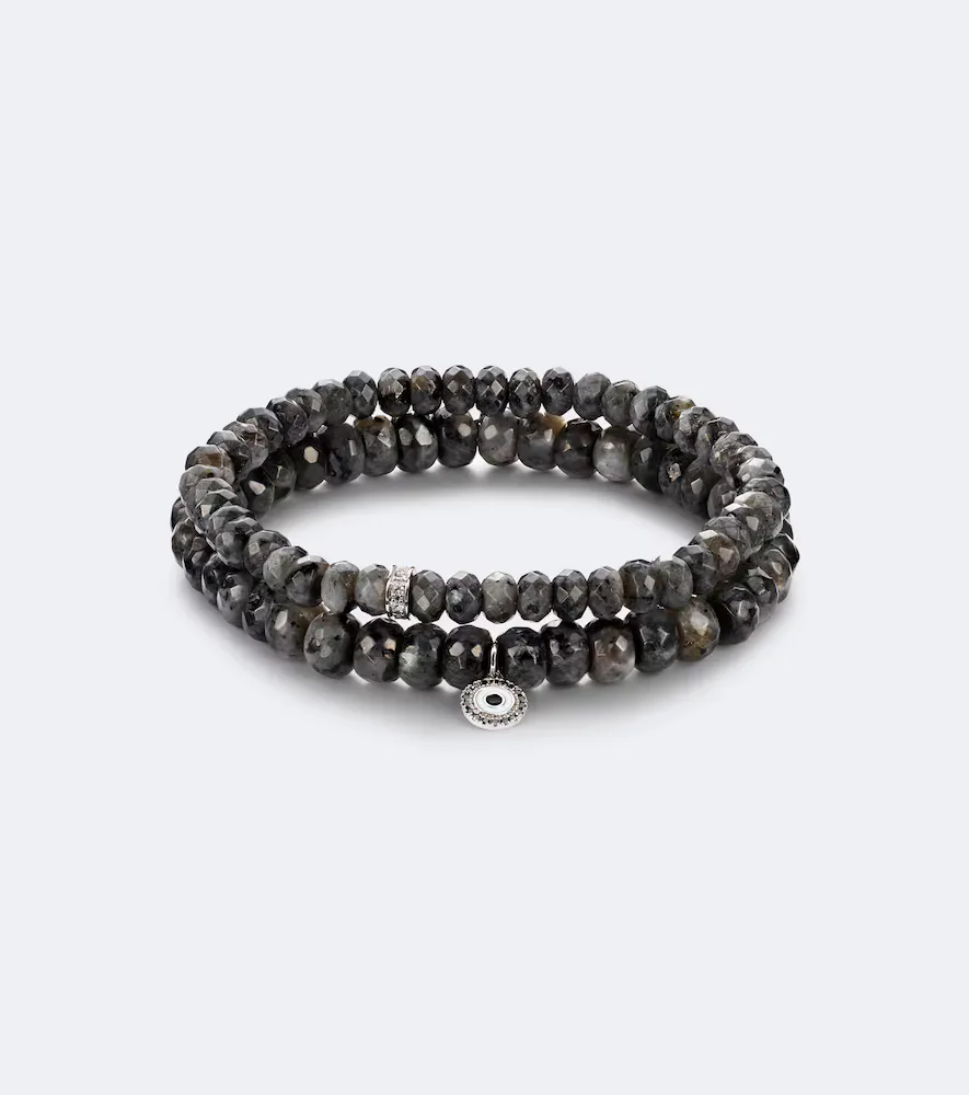 Set of 2 14kt White Gold Beaded Bracelets with Diamonds and Moonstones by Sydney Evan