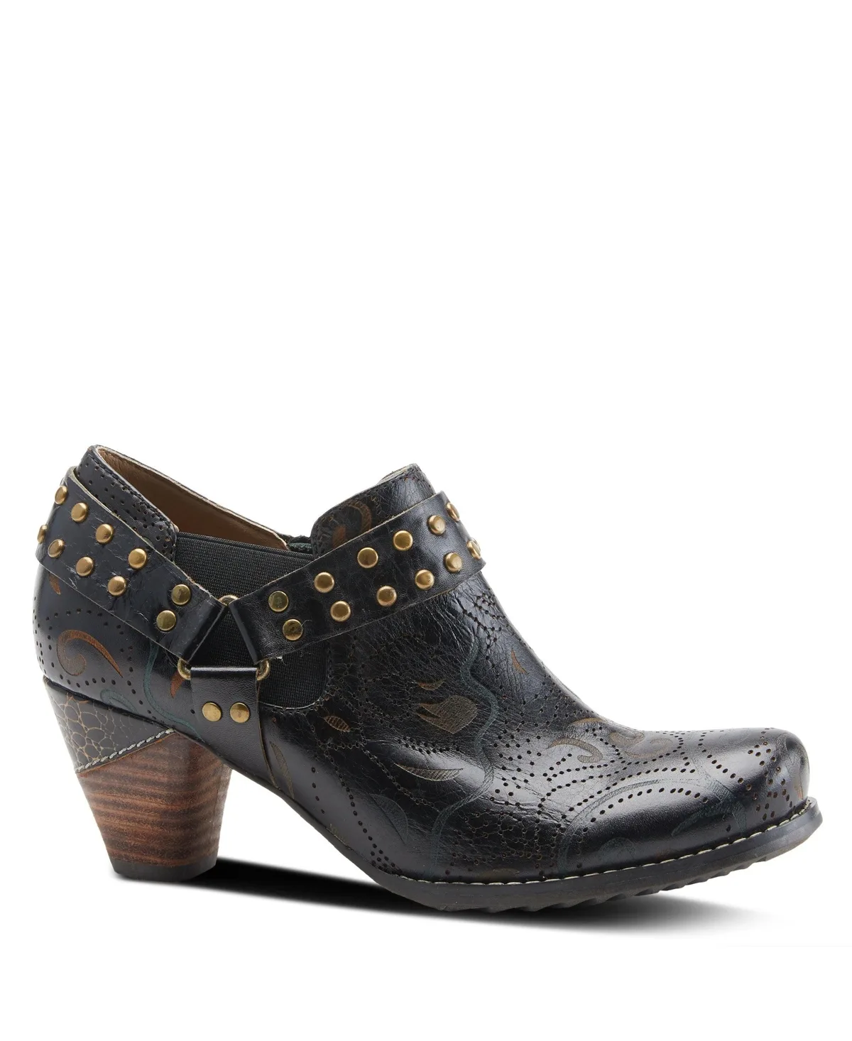 Kacielou Western Shooties with Hand-Painted Leather, Studded Ankle Strap, Elastic Goring, and Cone Heel Burnished Embossed Booti by L'artiste