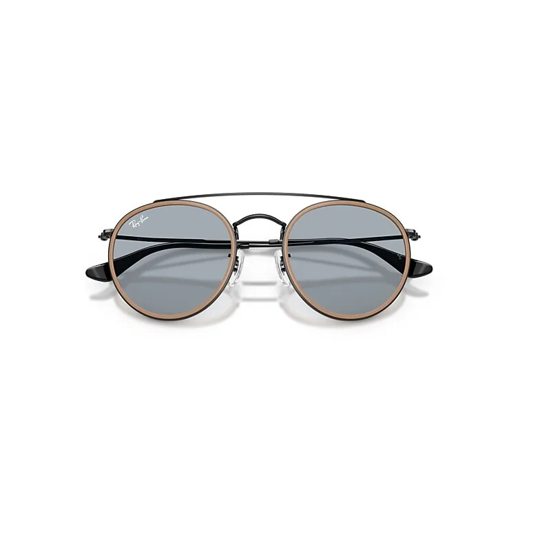 Round Double Bridge Sunglasses Black Frame Blue Lenses by Ray-Ban