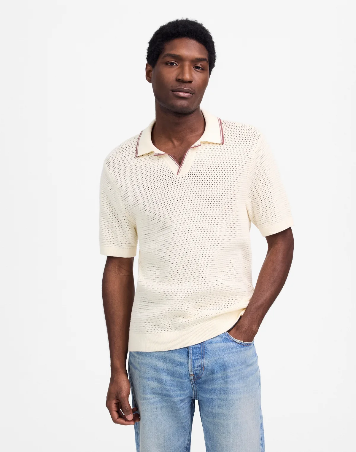 Contrast-Stitch Johnny-Collar Sweater Polo by MW