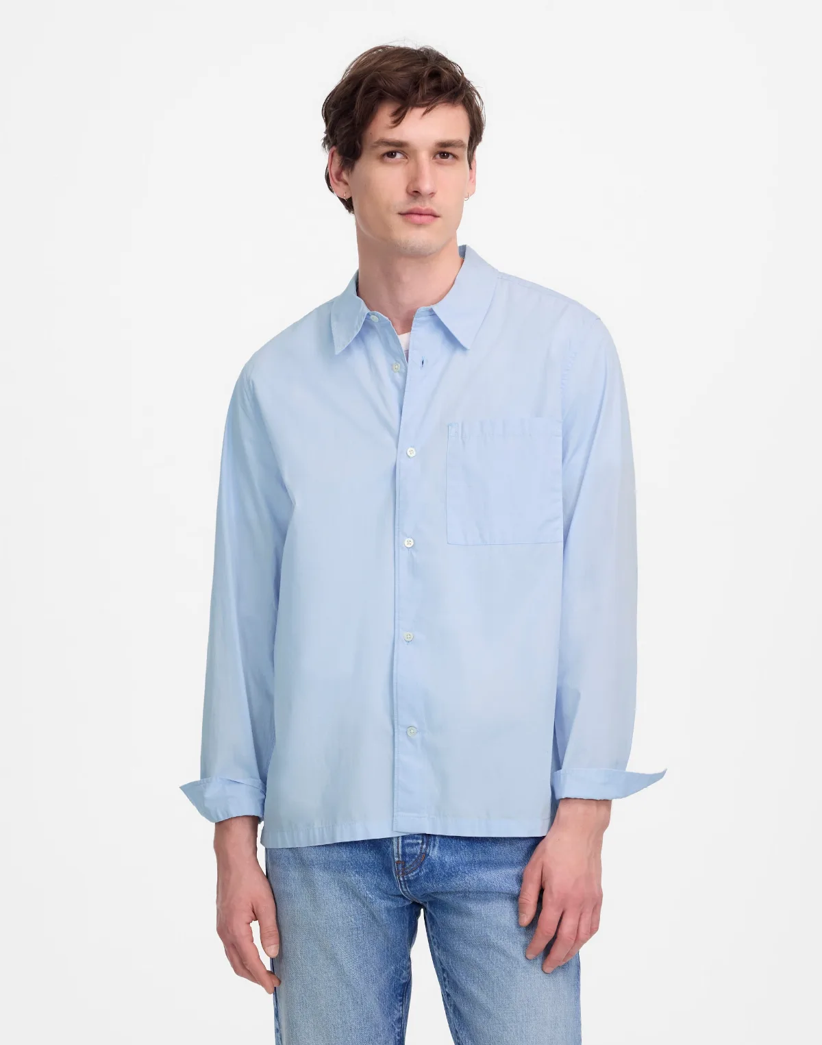 Straight-Hem Cotton Button-Up Shirt