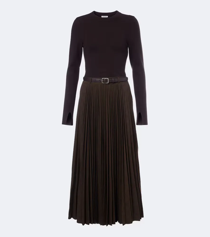 Abilene Checked Ribbed-Knit Pleated Midi Dress