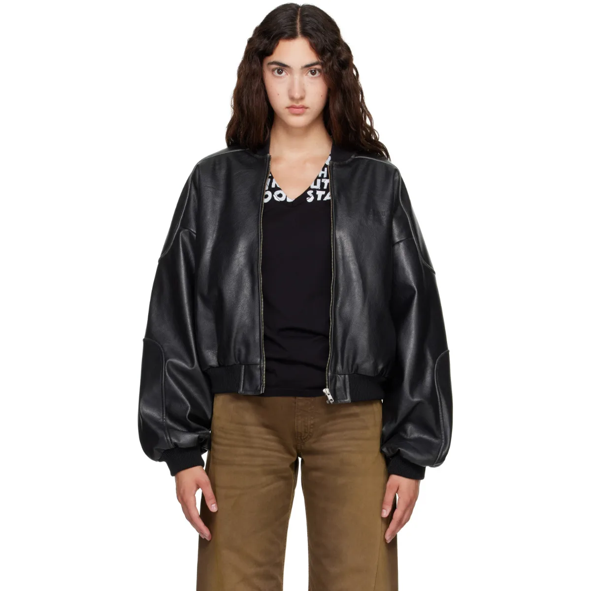 Rib-Knit Trim Faux-Leather Bomber Jacket by MM6 Maison Margiela
