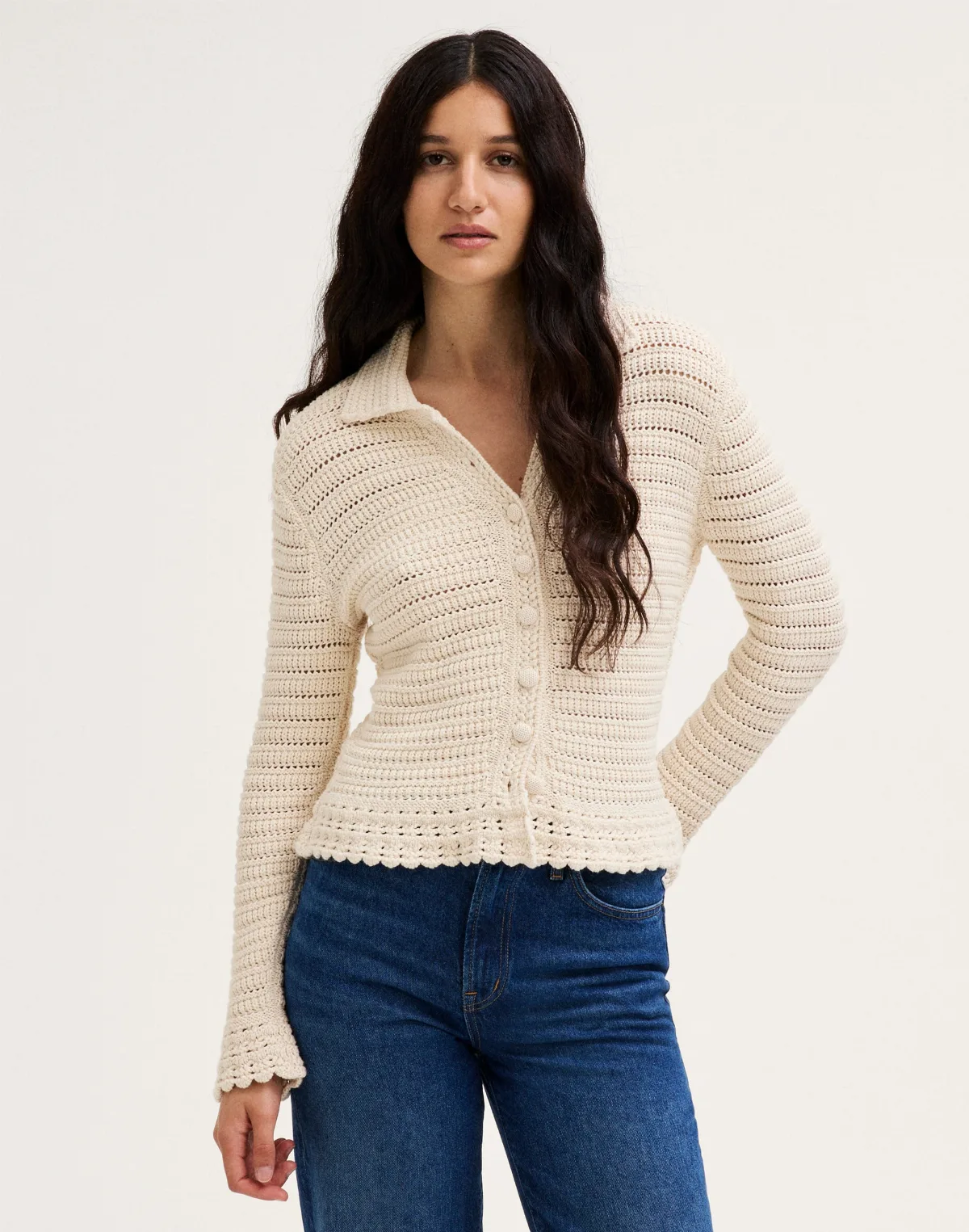 Pointelle-Knit Peplum Cardigan in 100% Cotton by MW