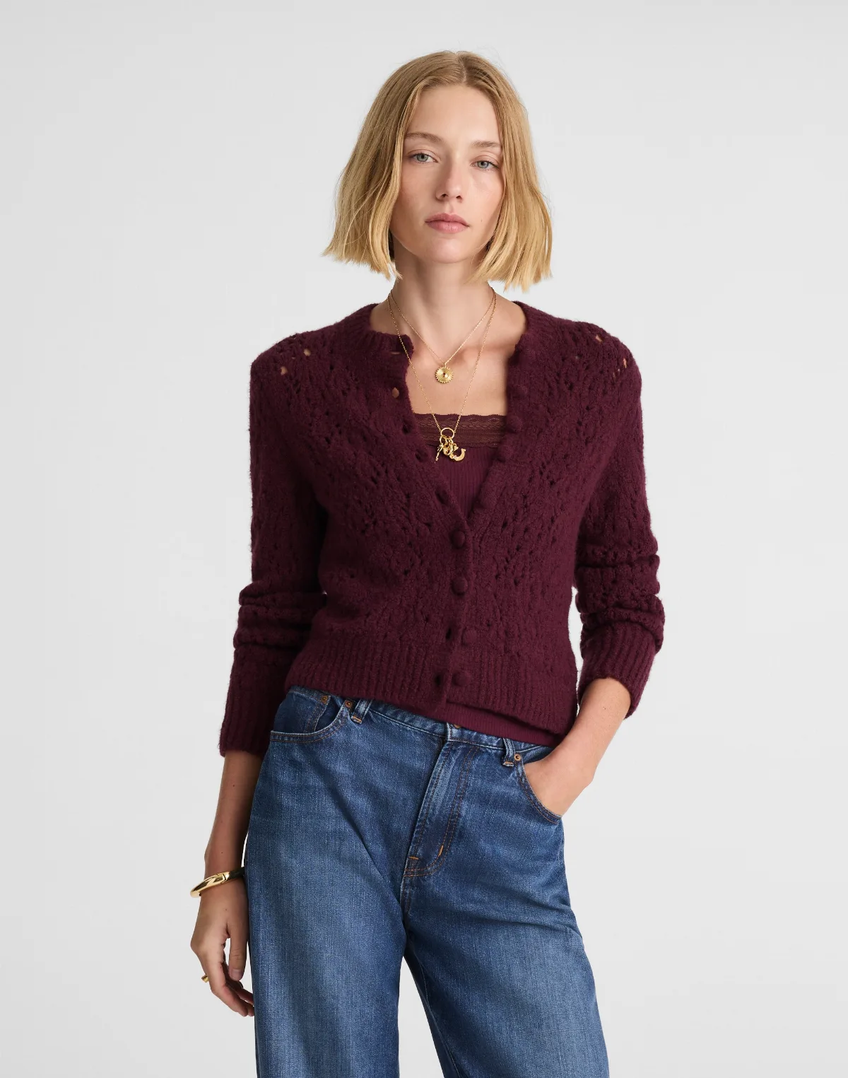 Pointelle-Stitch Cardigan in Cotton Blend by MW