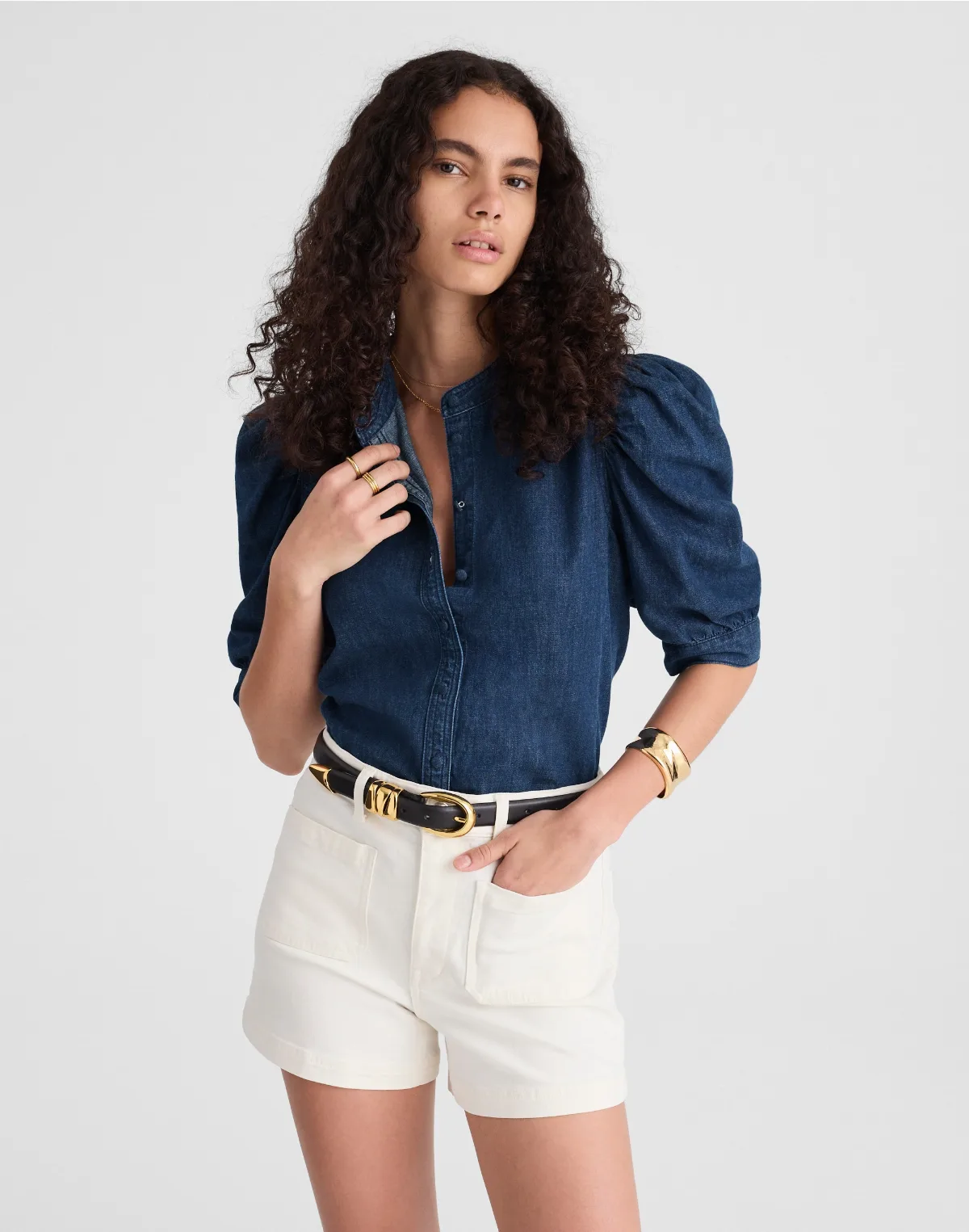 Denim Puff-Sleeve Band-Collar Shirt by MW