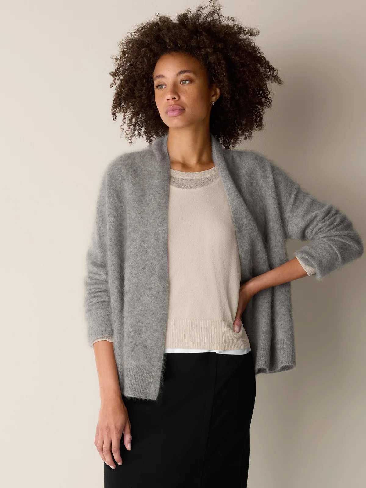 Cashmere Fluff High Collar Cardigan by EILEEN FISHER