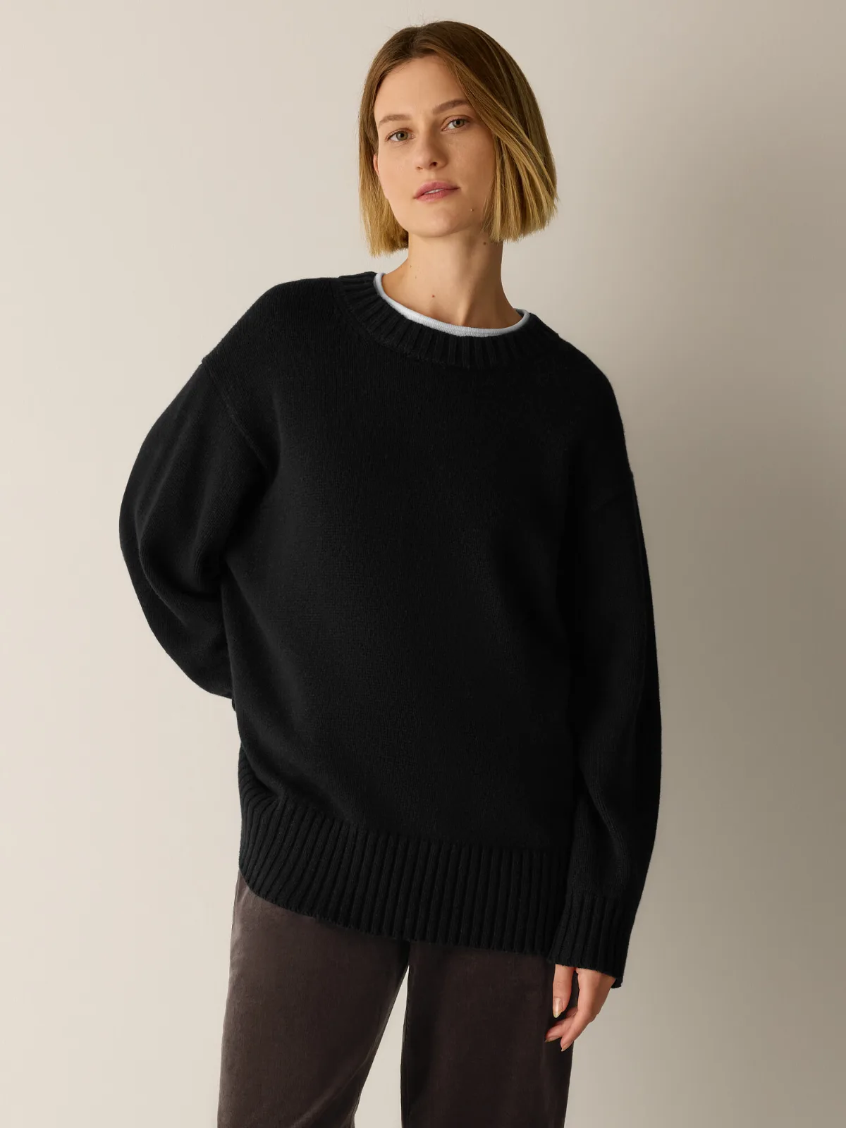 Cotton & Recycled Cashmere Crew Neck Long Top by EILEEN FISHER