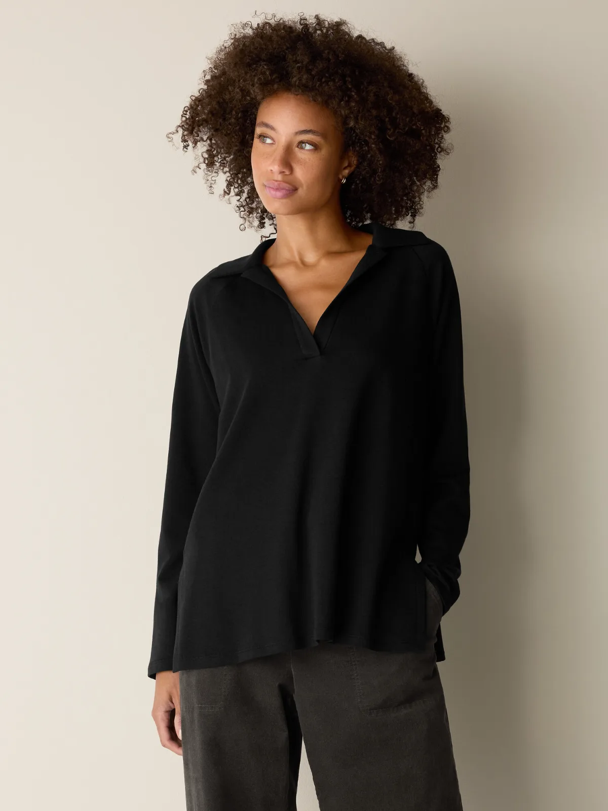 Cozy Brushed Terry Hug Split Neck Long Top by EILEEN FISHER