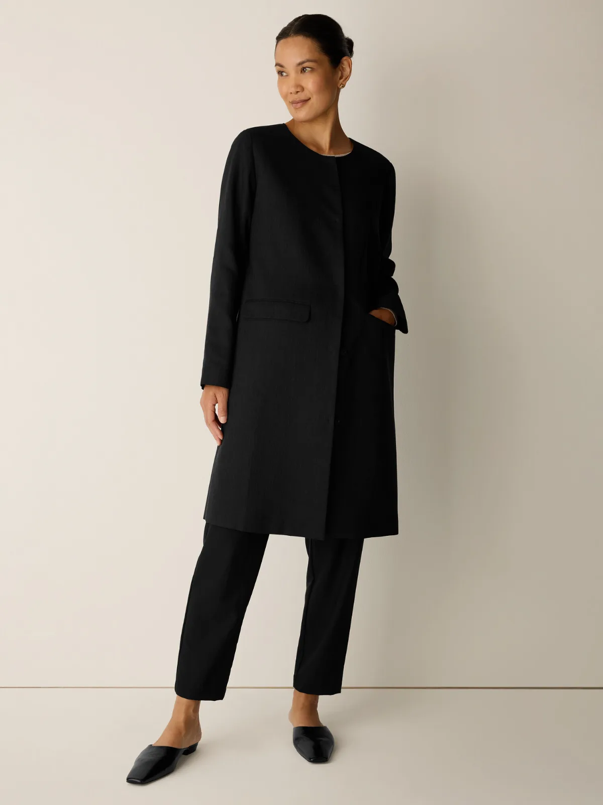 Textured Silk Weave Round Neck Coat by EILEEN FISHER