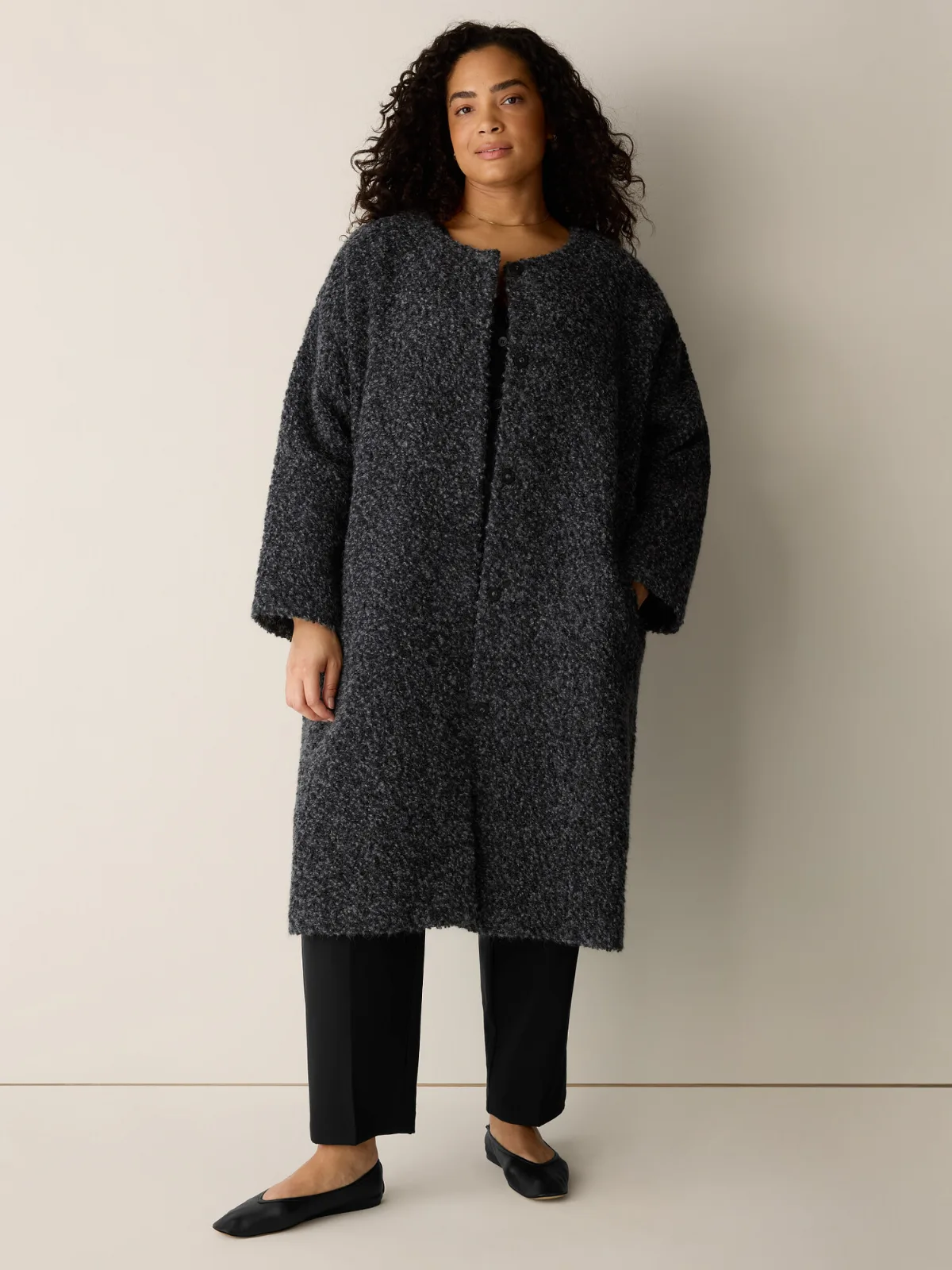 Curly Alpaca Wool Blend Round Neck Coat by EILEEN FISHER
