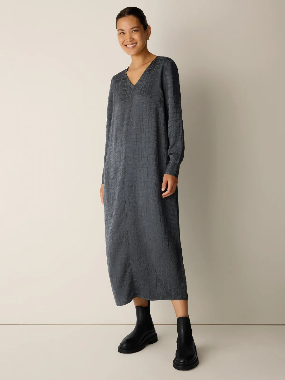 Dimensional Silk Jacquard Oval Dress by EILEEN FISHER