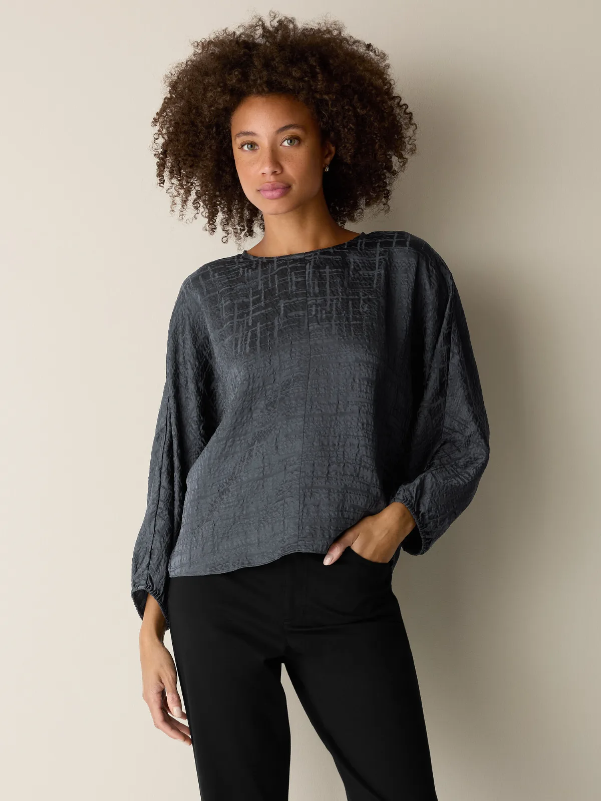Dimensional Silk Jacquard Round Neck Top by EILEEN FISHER