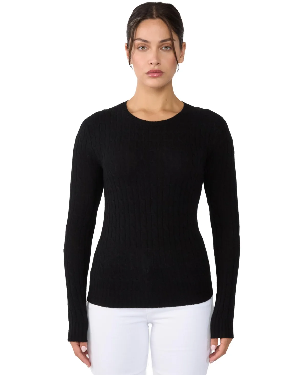 100% Cashmere Cable-Knit Long Sleeve Pullover Crew Neck Sweater by Jennie Liu