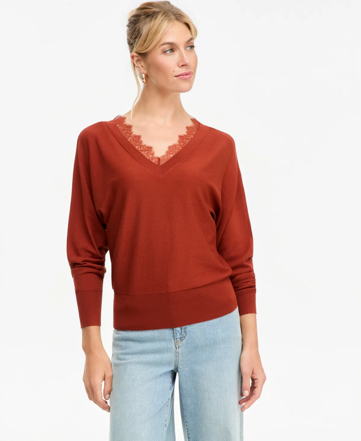 Lace Trim Double V Neck Dolman Long-Sleeve Viscose-Blend Sweater by I.n.c. International Concepts