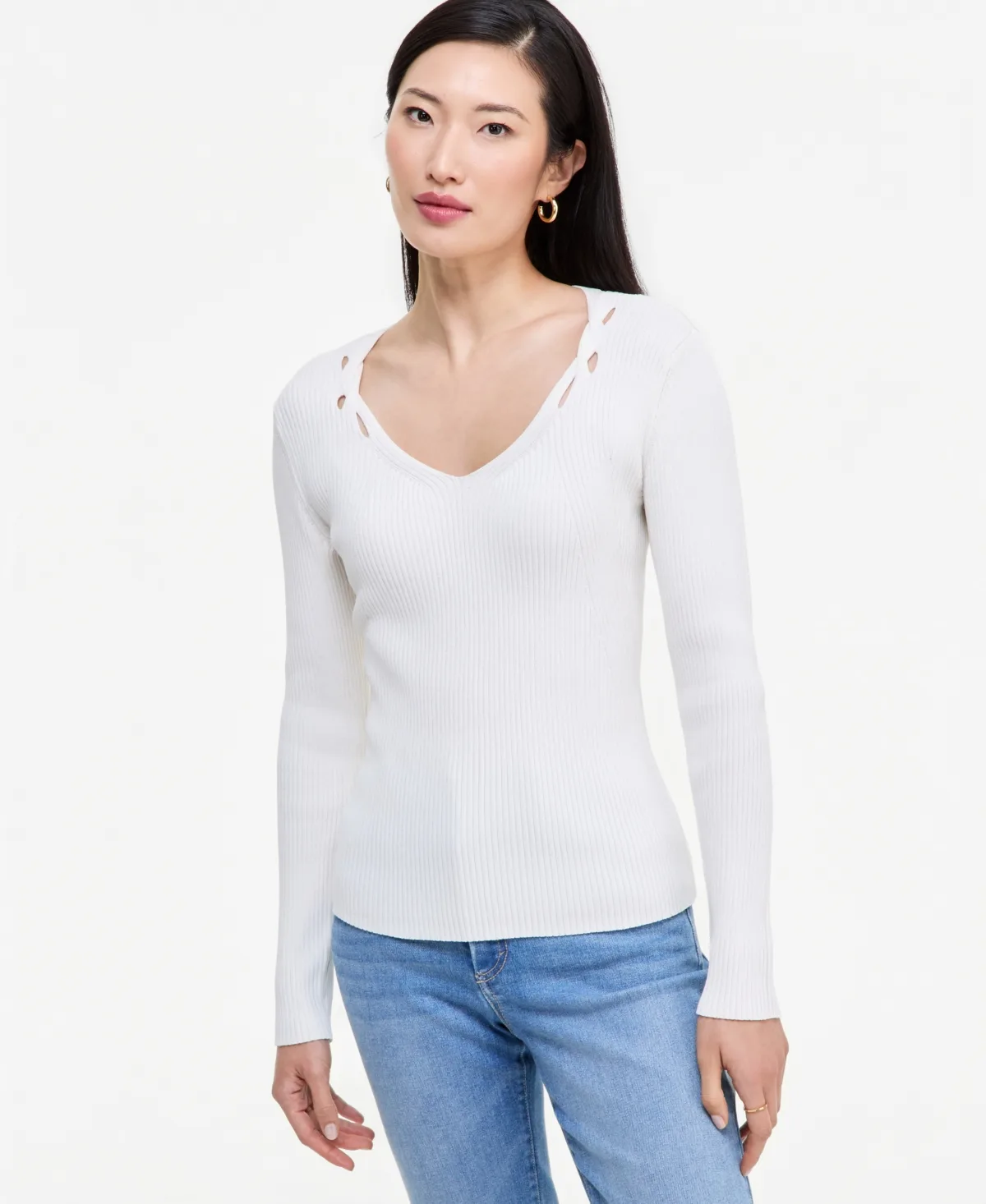 Long-Sleeve V-Neck Cutout-Trim Sweater by I.n.c. International Concepts