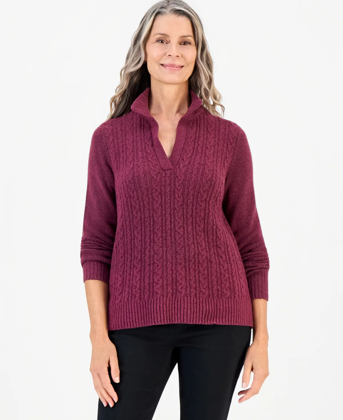 Cable Split Mockneck Long-Sleeve Sweater by Style & Co