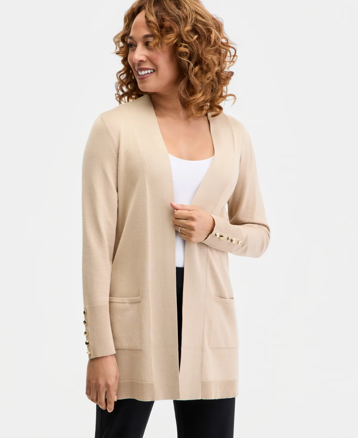 Button-Sleeve Flyaway Cardigan Sweater by Jm Collection