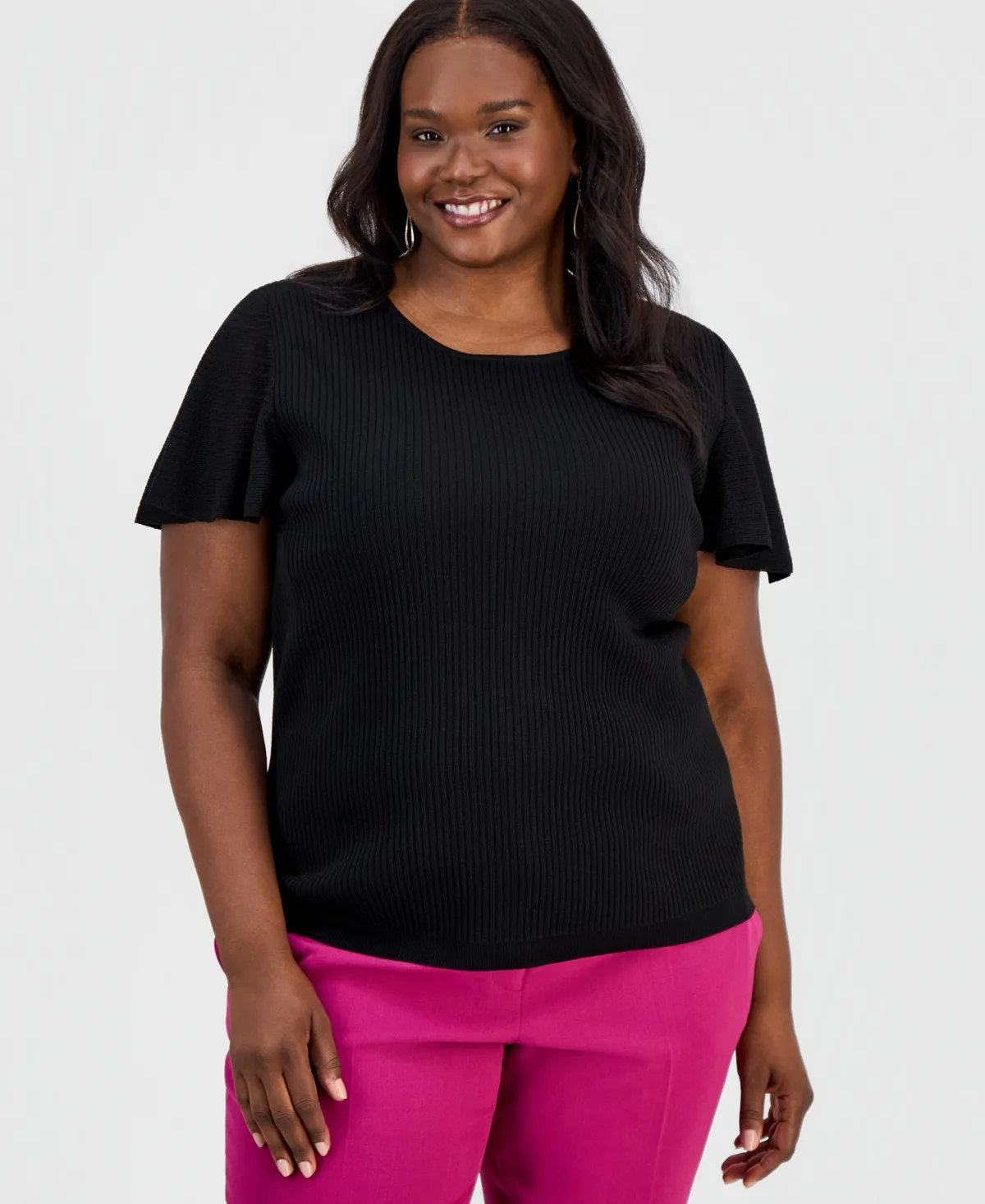 Crewneck Flutter-Sleeve Rib-Knit Sweater by Kasper