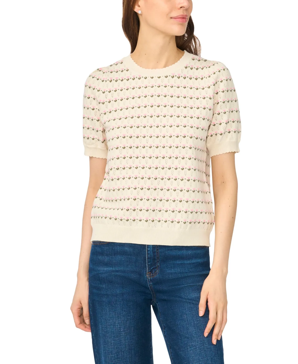 Flower Pointelle Crewneck Short-Sleeve Cotton Sweater by Cece
