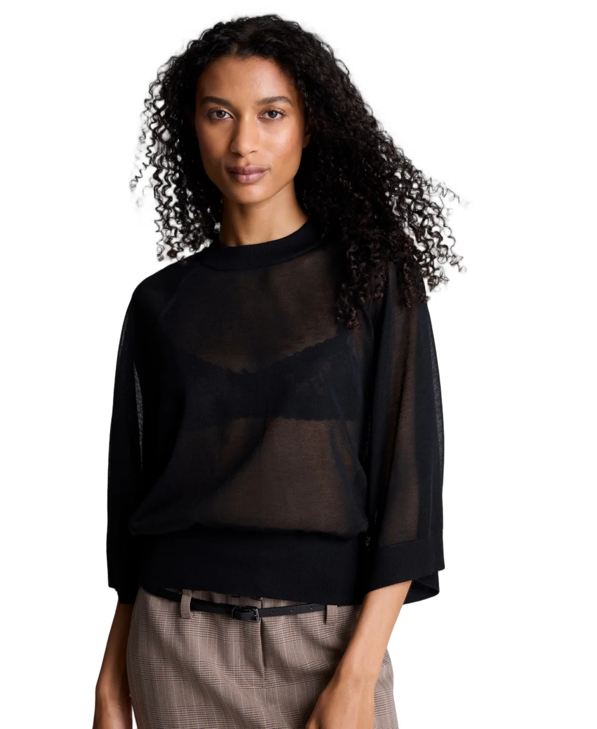 Semi-Sheer Raglan Crewneck Cropped Sweater by Kenneth Cole
