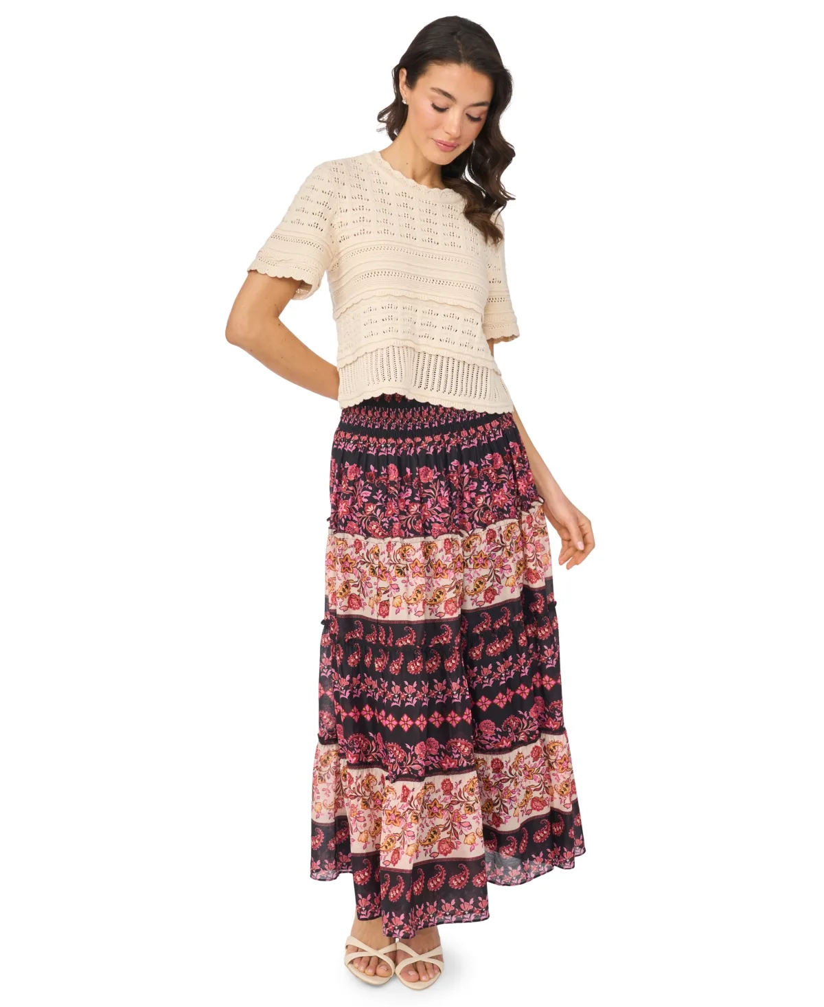 Multi-Stitch Pointelle Short-Sleeve Sweater by Cece