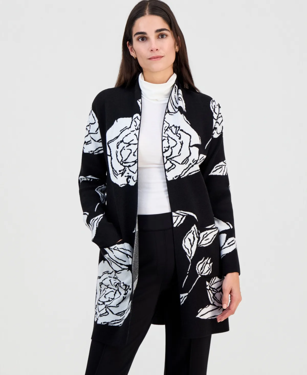 Floral-Jacquard Open-Front Cardigan by T Tahari