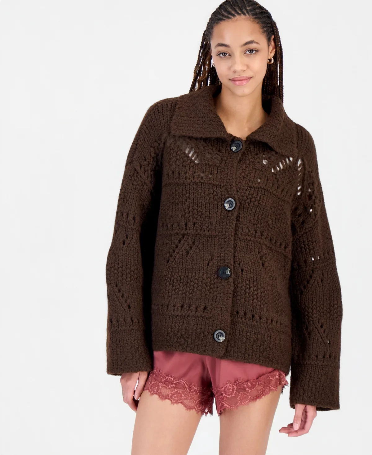 Pointelle Button-Front Cardigan by And Now This