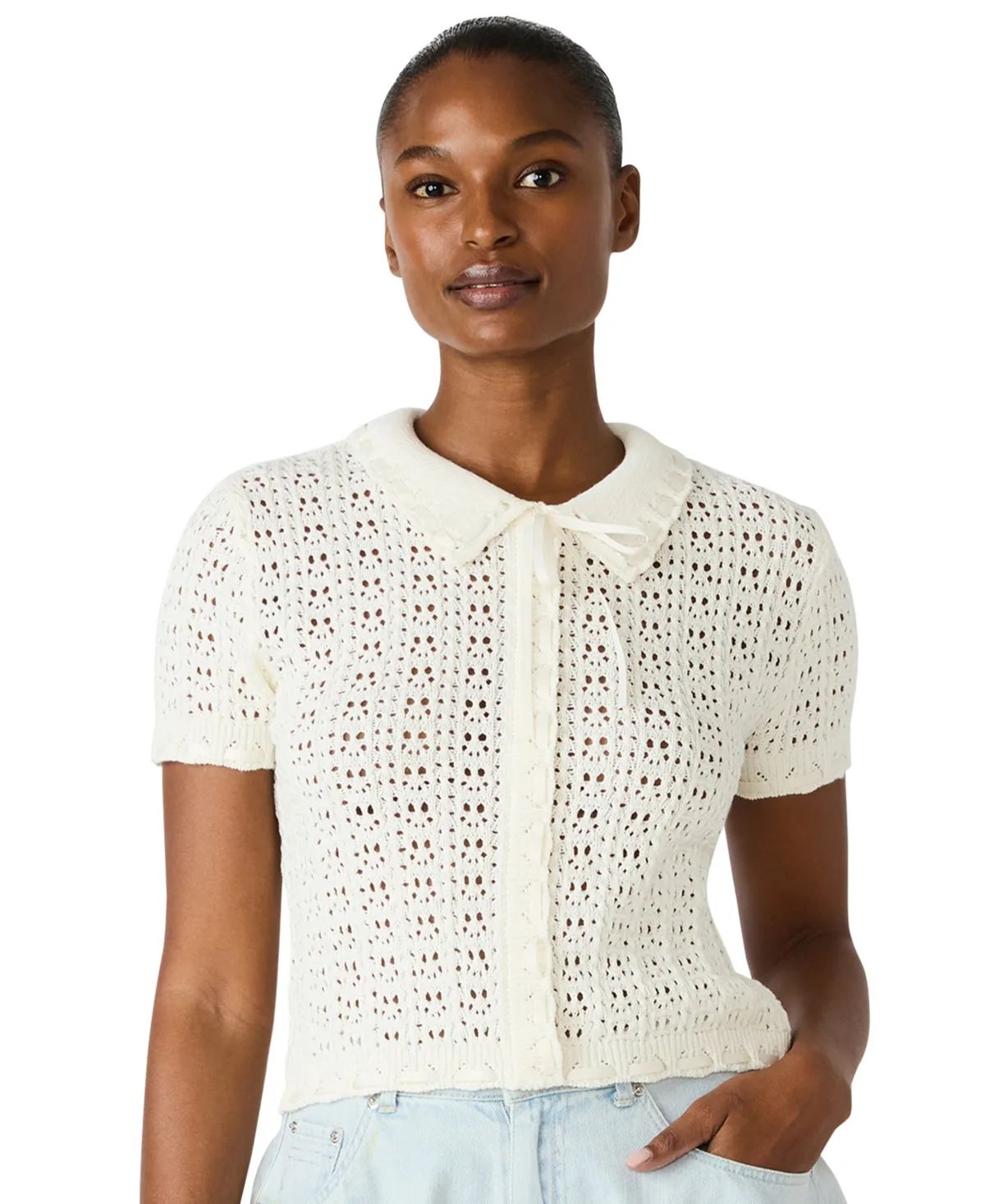 Pointelle Ruffle Collared Cardigan by Steve Madden