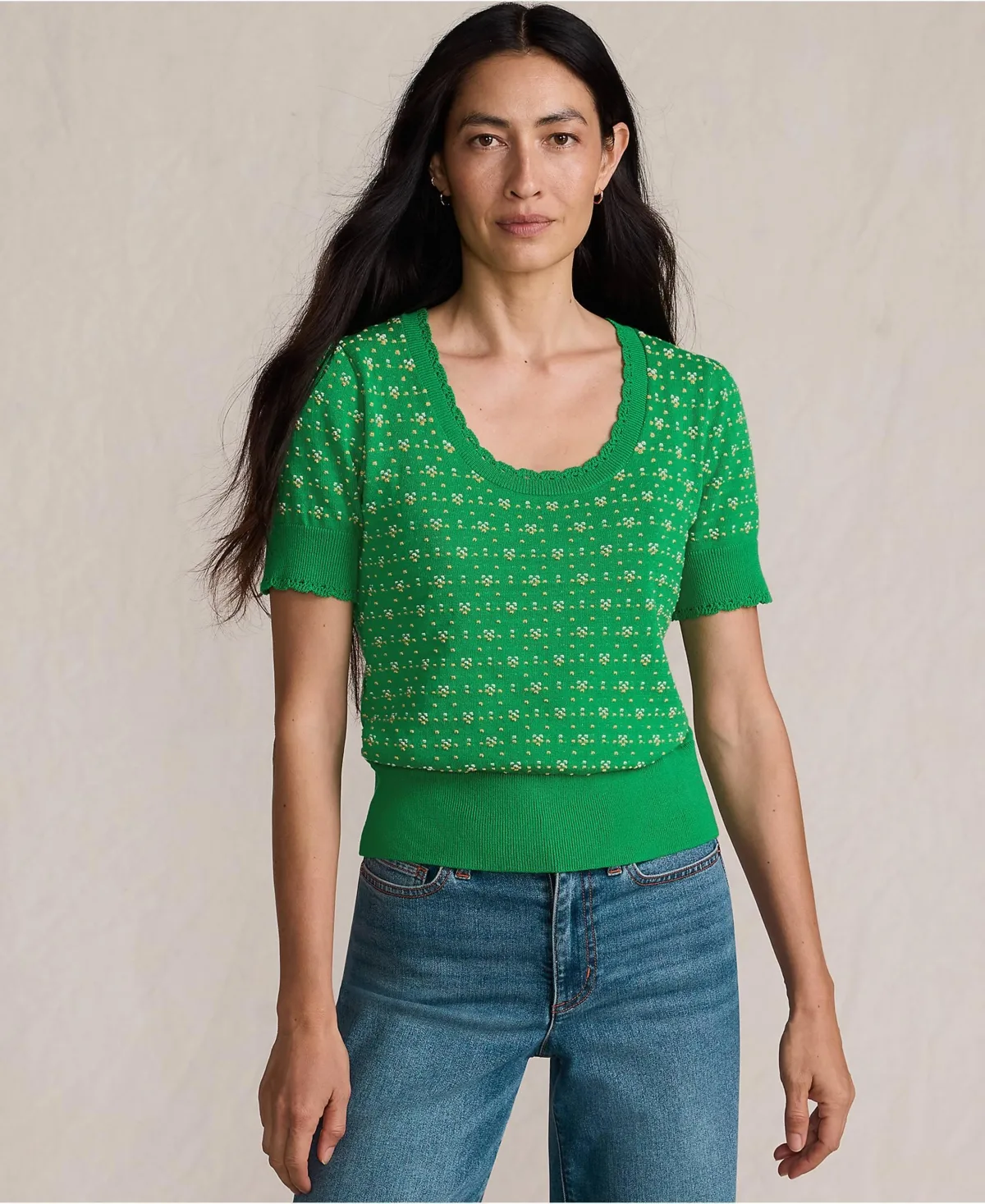 Fine Gauge Cotton Jacquard Scoop Neck Sweater by Lands' End