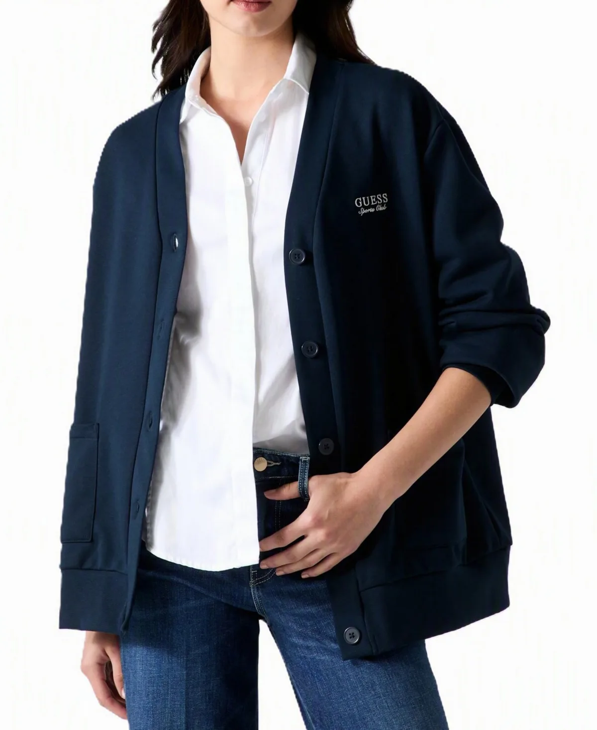 Phoebe Oversized Embroidered Logo Cotton-Blend Cardigan Sweater by Guess