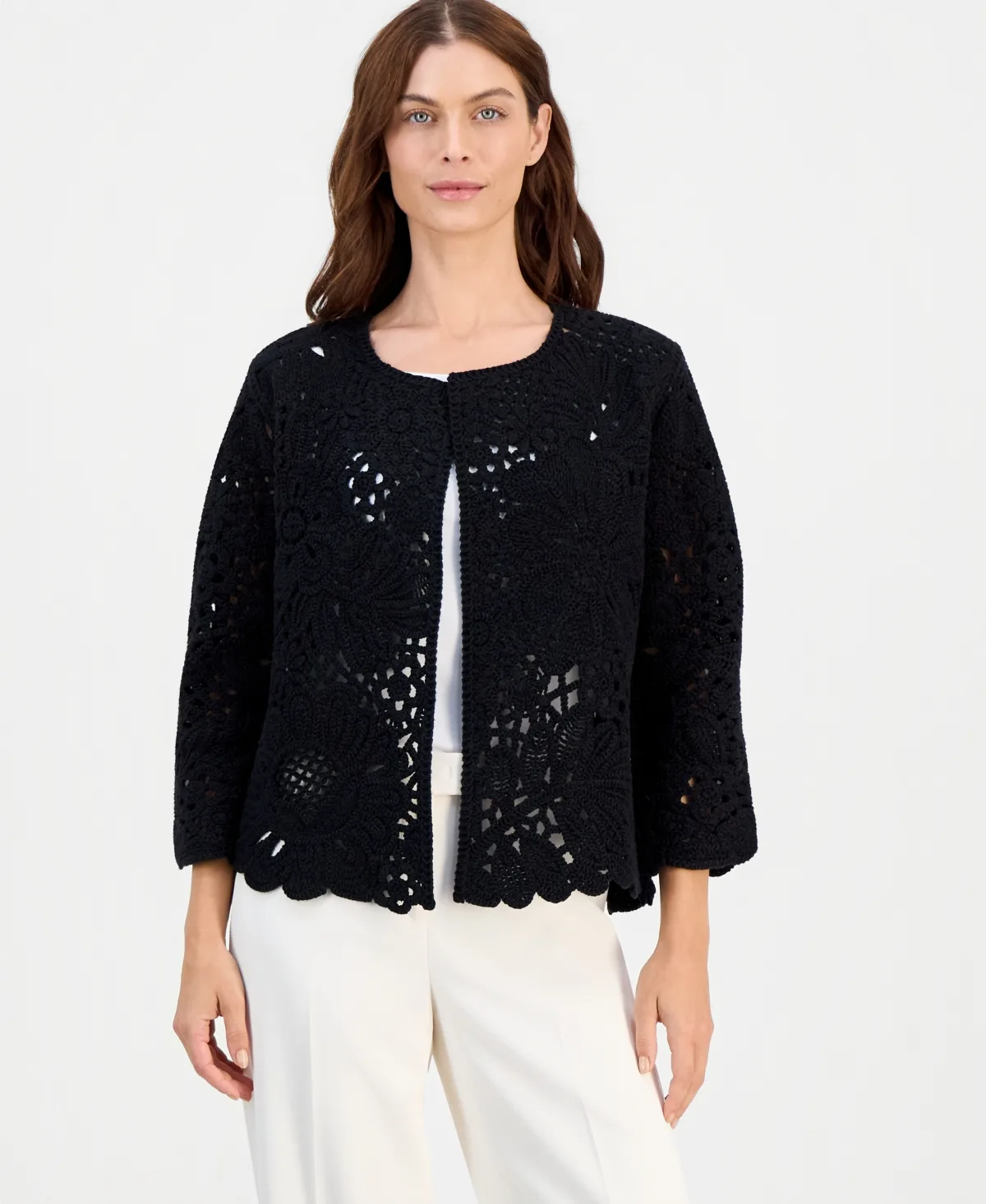 Floral Scalloped Long-Sleeve Cardigan