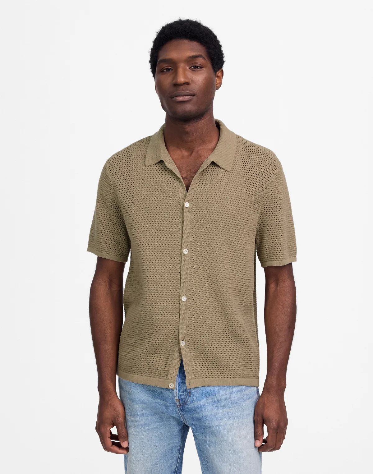 Open-Stitch Button-Up Sweater Polo by MW