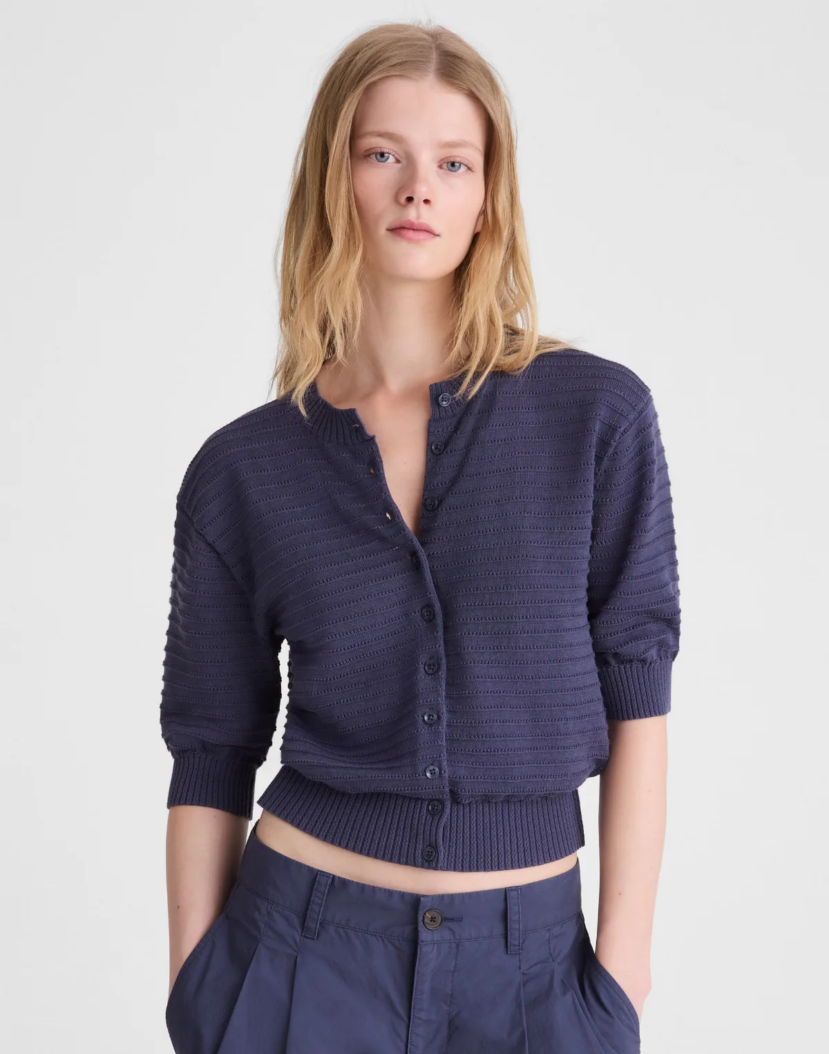 Textured Short-Sleeve Cardigan in 100% Cotton by MW