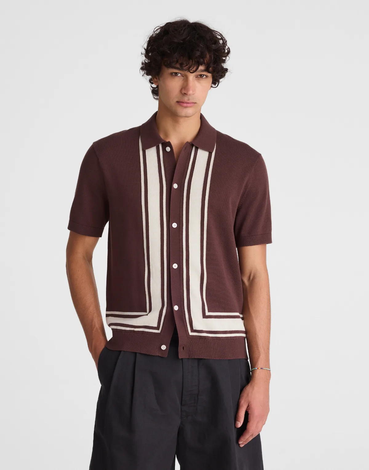 Knit Button-Up Shirt in Border Stripe by MW