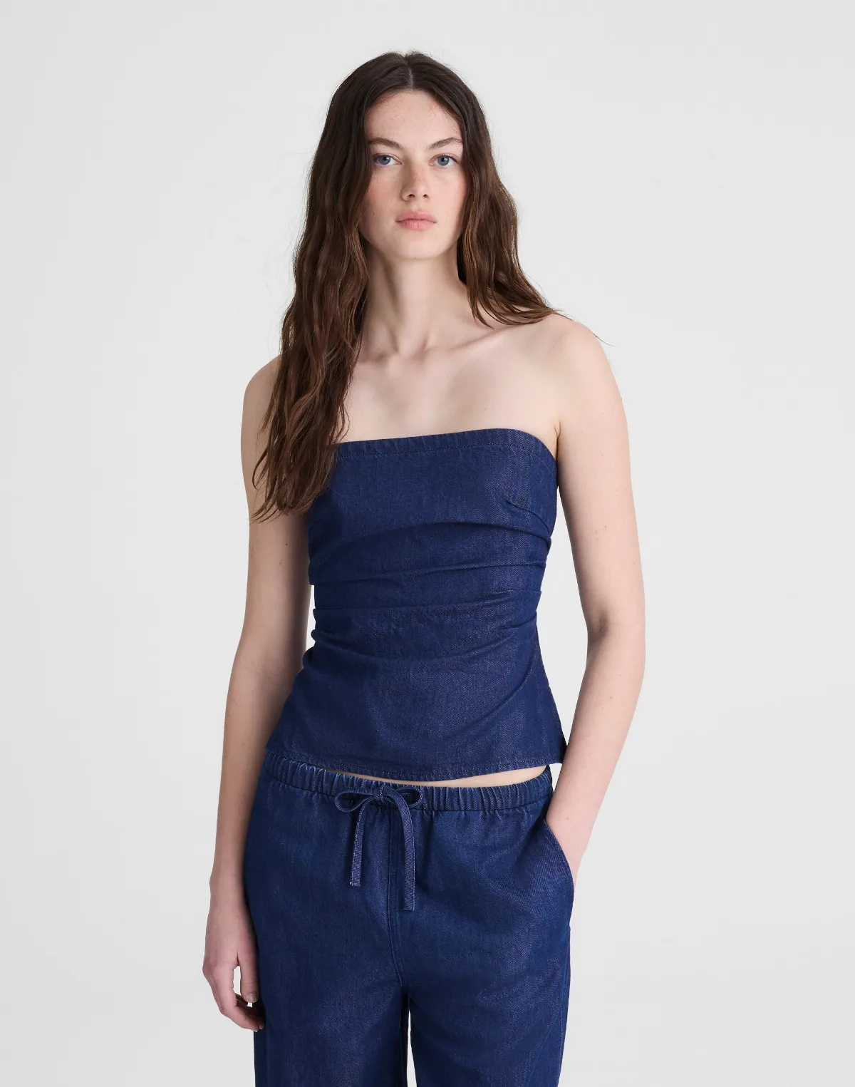 Denim Ruched Squareneck Tank by MW