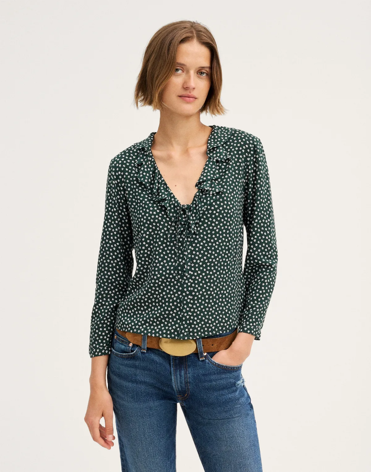 Ruffled V-Neck Long-Sleeve Top by MW