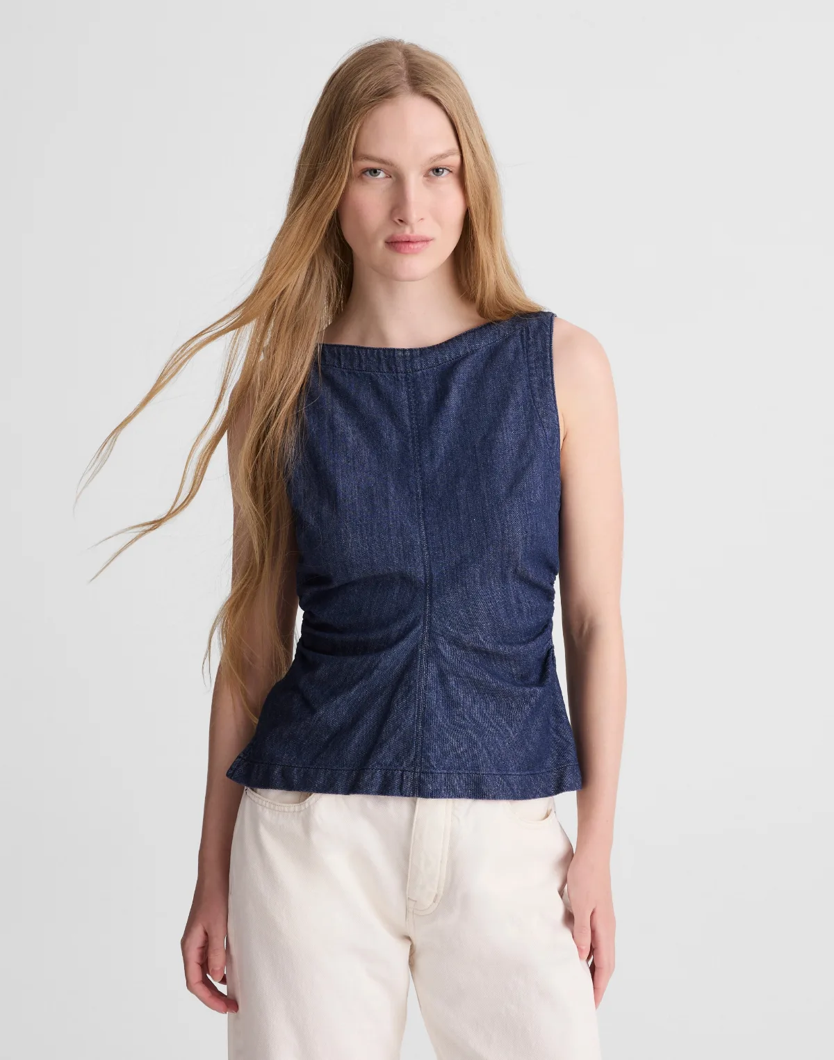 Denim Ruched Boatneck Shell Top by MW
