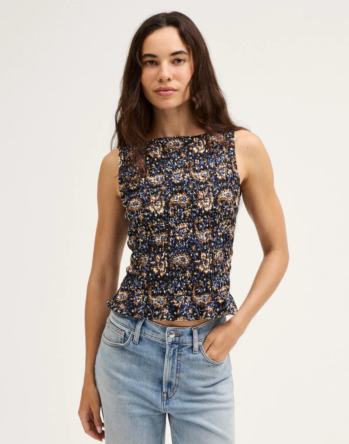 Smocked Boatneck Sleeveless Top
