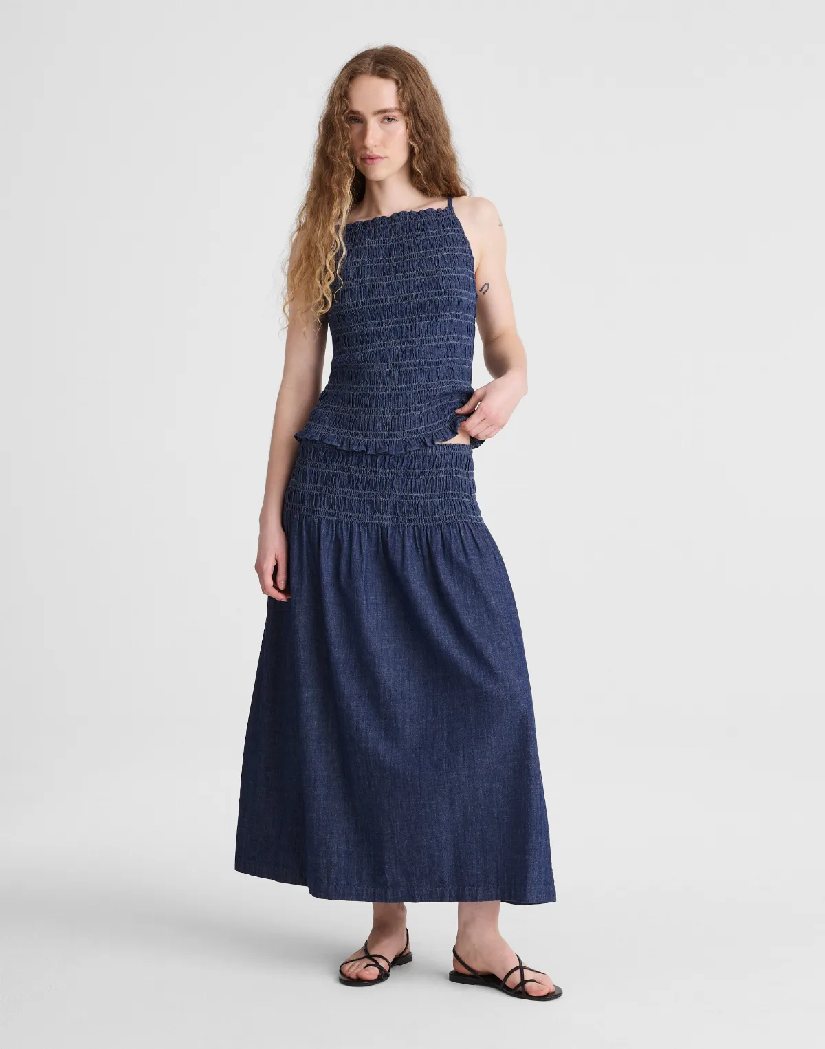 Denim Smocked-Waist Midi Skirt by MW