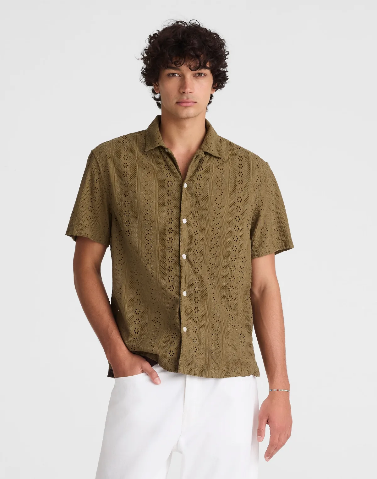 Camp-Collar Short-Sleeve Shirt in Embroidered Cotton by MW