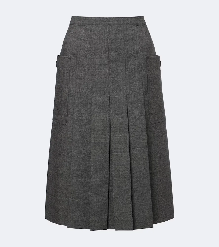 Pleated Virgin Wool Midi Skirt by Prada