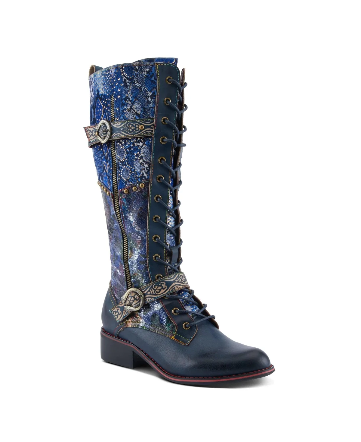 Vaneyck Hand-Painted Tall Boots with Iridescent Leather, Double Buckle Detail, Lace-Up and Zipper Closure, Rainbow Stitching, and Ru by L'artiste
