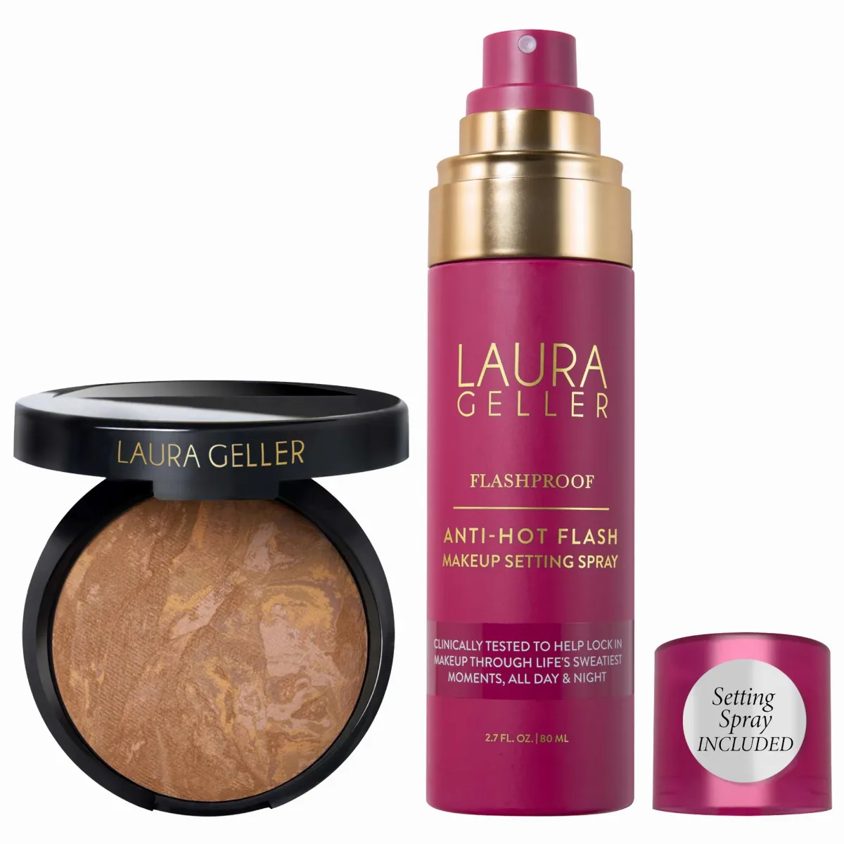 Balance and Brighten Color Correcting Baked Powder Foundation + FlashProof Anti-Hot Flash Setting Spray Set Sand by Laura Geller