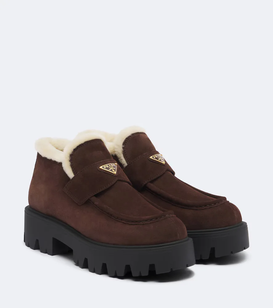 Shearling-Lined Suede Ankle Boots by Prada