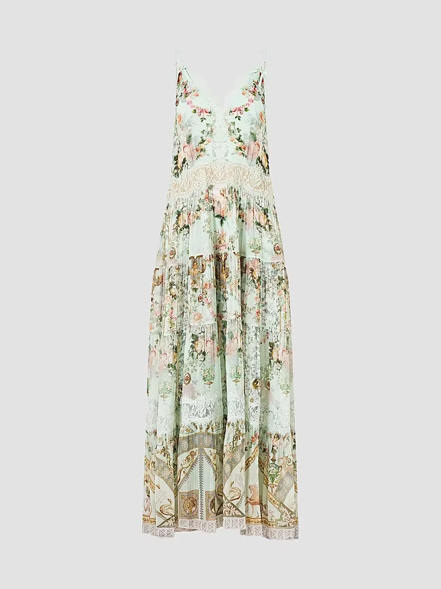 Floral Silk Trapeze Tiered Dress