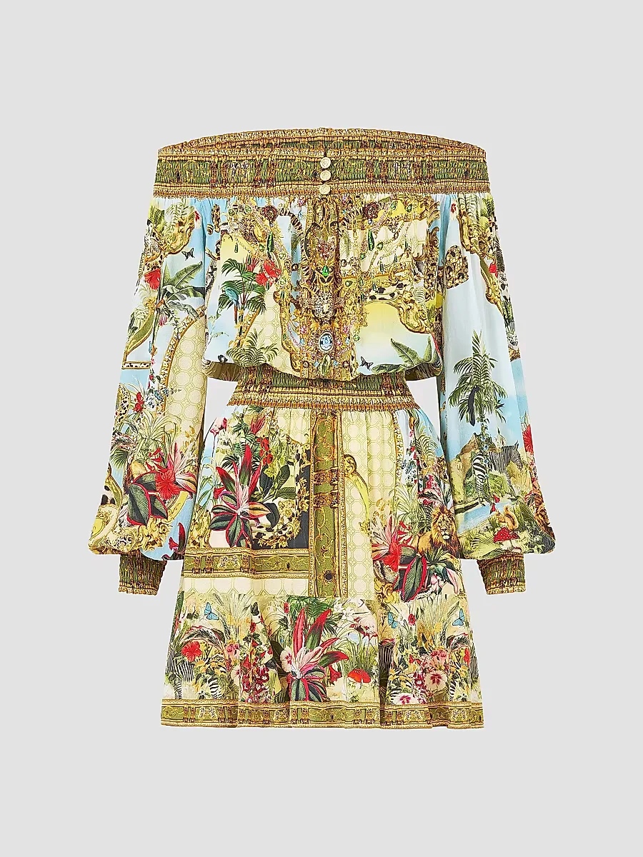 Wanderlust Empire Print Silk Off-the-Shoulder Mini Dress by Camilla